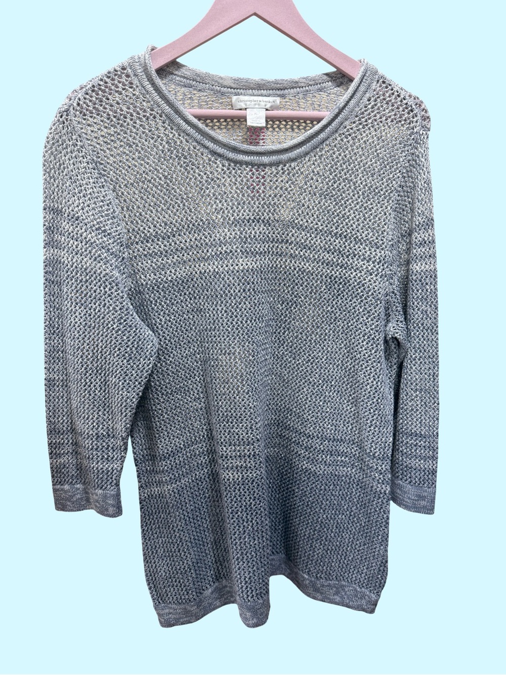 Christopher & Banks Heathered Gray Open-Knit Crewneck Sweater